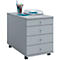 Gray rolling file cabinet with four drawers, pen holder, tray, notepad. On casters.