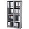 Gray file cabinet with folders. Folders with white labels.