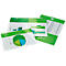 Trois dossiers transparents remplis de graphiques et de listes, en vert et blanc.