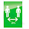 Panneau vert avec pictogrammes de personnes blanches, flèche et consigne de distance de 2m.