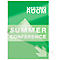 Panneau vert avec "Meeting Room" et "Summer Conference" et une flèche blanche pointant en bas à droite.