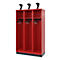 Red locker with three compartments, hooks, hat rack, and black attachment.