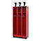 Red locker with three compartments, black handles, and a decorative black sculpture on top.