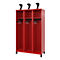 Red locker with three compartments, black hooks and a shelf for hats. Black shoe trees on top.