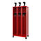 Red locker with three compartments. Each compartment has a hat rack, coat hooks and a black knob.