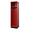 Red locker with shelf, hooks and safe. A black helmet is on the top.