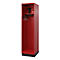 Red locker against white background. Inside, shelves, hooks, and electronic lock.