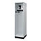Grey locker with black base, interior with hooks, safe and shelf.