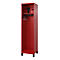 Red locker with helmet, hook rail and small safe. The locker stands on black feet.
