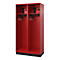 A red locker with two compartments, coat racks, and black holders.