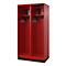 Red locker with two compartments. Each cabinet has a hat rack, coat hooks and a small locker.