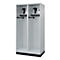 Gray, two-door locker with two black hats and small safes. Coat hooks are attached to the doors.