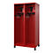 A red locker with two compartments. Each compartment has a hat shelf, coat hooks, and a shoe holder.