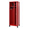Red locker with open door, inside: hat, coat hooks, shelves.