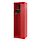 Red cabinet with open compartments, hooks, and a helmet. In the corner is a smaller compartment with a door and a lock.