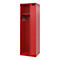 Red steel cabinet, open with shelf, hook strip and door.