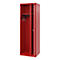 Red cabinet with hooks, shelves, and an open door panel. Ideal for storing items.