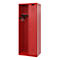 Red locker with two compartments, open and closed, with coat hooks and shelf. On a white background.