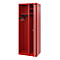 Red locker with open doors. Hanging racks, shelves visible.