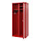 Red locker, open, with hooks and shelves. Part of the door is open.