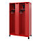 Red locker with two compartments; each with shelf, coat hooks, black shoes and ventilation slots at the top.