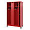 Red locker, door open, with hooks, shelves and shoes. Black legs.