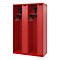 Red locker with three compartments. In each compartment a hook, a shelf and a hat. Small locks can be seen on the doors.