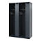Dark gray steel cabinet with four compartments, hooks, shelves, and slots for ventilation.