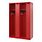 Red locker with four compartments. Black coat hooks and shelves.