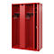 Red locker with open door, coat hooks, and shelf. The cabinet is empty.