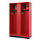 Red locker with hooks, shelves, and small compartments for boots.