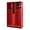 Red locker with hooks, hat rack, and small safes.
