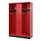A red locker with three compartments, hooks, ventilation slots, and shelves.