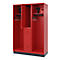 A red locker with three compartments, an open door, hooks and a lockbox.
