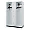 White locker with two compartments, shelf, hooks, and lockers. Helmets and lockers on top.