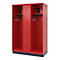 Red locker with three compartments. Coat hooks, shelves, and ventilation holes are visible.