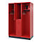 Red locker with three compartments, partially open. Hook strips and shelves are visible.