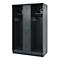 Dark gray locker with three compartments, hook rails, and shelves. One locker compartment contains a helmet.