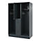 Grey locker with open door, hooks and a safe.