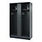 Dark gray locker with two compartments, each with hooks, shelf, safe, and ventilation.
