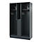 Dark grey locker with three compartments. Two compartments have coat hooks and shelves with small safes. The middle compartment is narrow and has a lockable door.