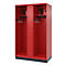 Red locker with two compartments. Each compartment has a shelf, coat hooks and a compartment with a black object.