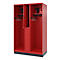 Red locker with open doors. Inside, shelves, coat hooks and a small locker. On the shelf are black objects.