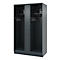 Dark gray locker with 2 compartments, clothes hooks, shelves, 2 helmets and a safe.