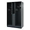 Dark grey cabinet with three compartments, coat hooks and a safe. One cabinet compartment is open.