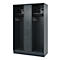 Gray locker with three compartments. Each compartment has hooks, a shelf, and a smaller cabinet.