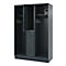 Gray locker, one door open. The compartments have shelves, hooks, and a safe.