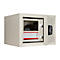 Open safe with camera, data carrier and card. The safe is beige and equipped with an electronic lock.