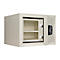 An open, beige safe with a digital lock. Two shelves inside.