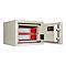 An open beige safe with two red files. The door has a logo and two knobs.